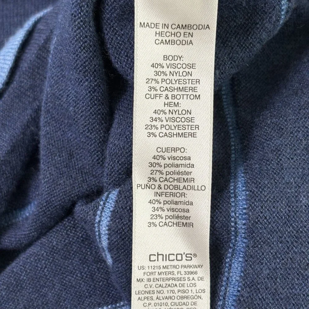 Chicos Touch of Cashmere Striped Sweater Size 1 US M 8 10 Blue Indigo Pullover